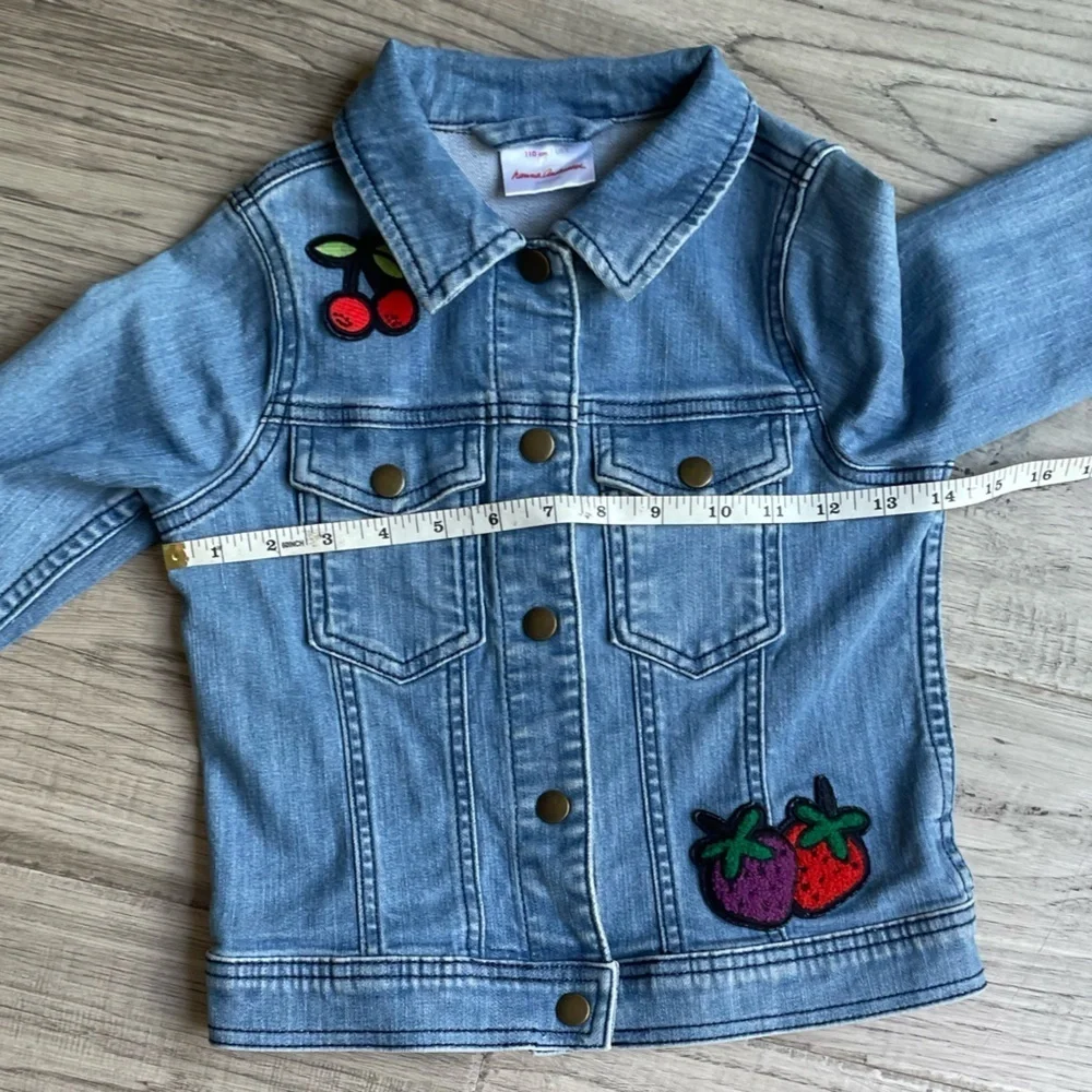 Hanna Anderson Kids Jean Jacket With Colorful Fruit Patches On Front/Back SZ 5